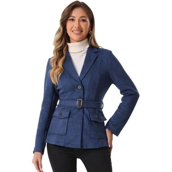 Faux Suede Blazer Belted Lapel Outwear Single Breasted Boho Jacket Dark Blue - Picture 1 of 6